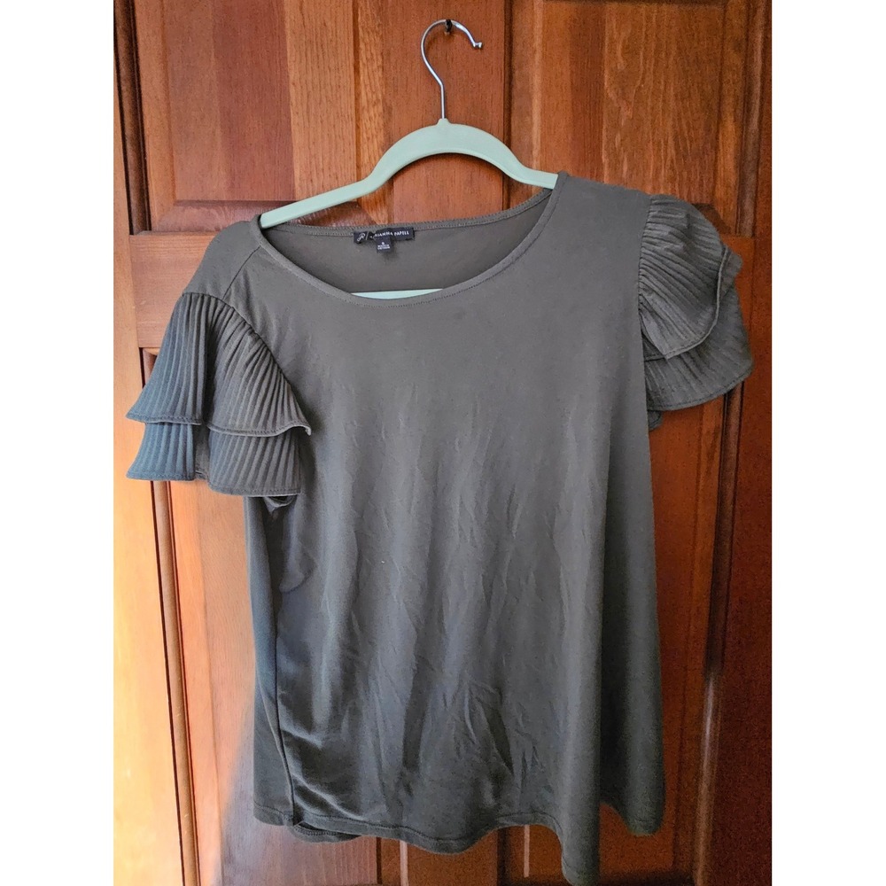 Adrianna Papell Olive Green Pleated Ruffle Sleeve Knit Top Blouse Small